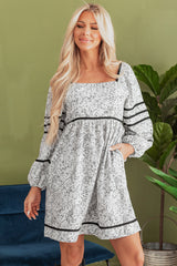 Gray Floral Print Open Back Balloon Sleeve Square Neck Mini Dress Floral Dresses JT's Designer Fashion