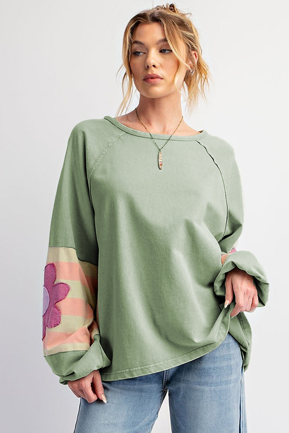 Smoke Green Flower Patchwork Raglan Sleeve Exposed Seam Oversized Top Long Sleeve Tops JT's Designer Fashion