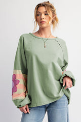Smoke Green Flower Patchwork Raglan Sleeve Exposed Seam Oversized Top Long Sleeve Tops JT's Designer Fashion