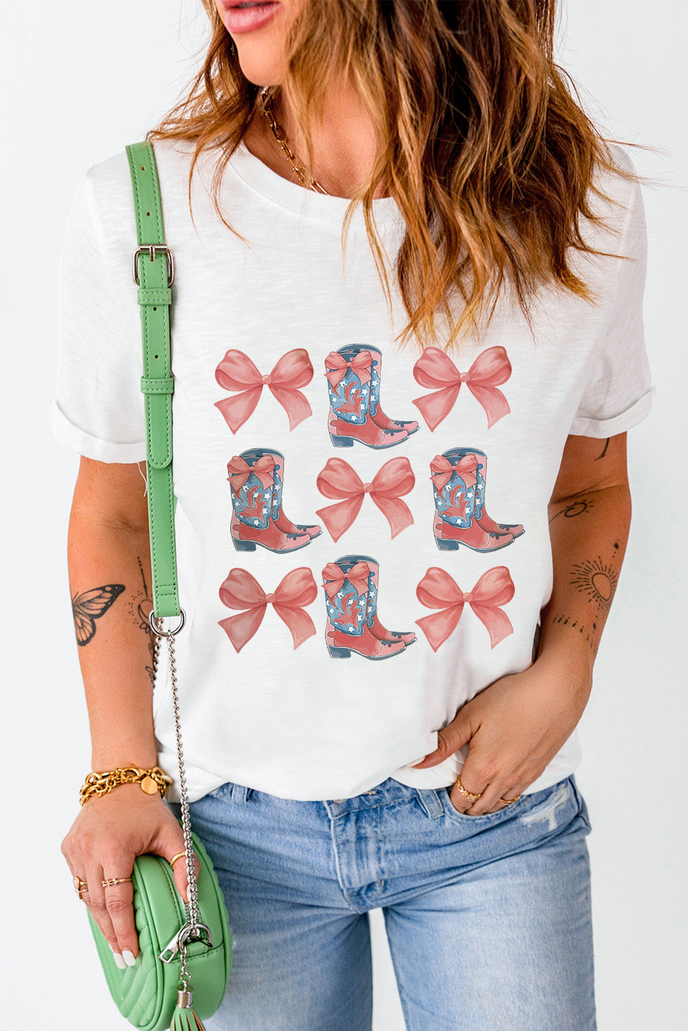 White Bowknot & Cowgirl Boots Graphic Tee Graphic Tees JT's Designer Fashion