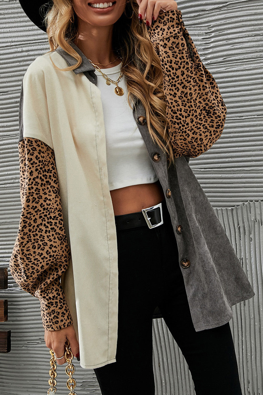 Gray Color Block Leopard Patched Corduroy Shacket Jackets JT's Designer Fashion