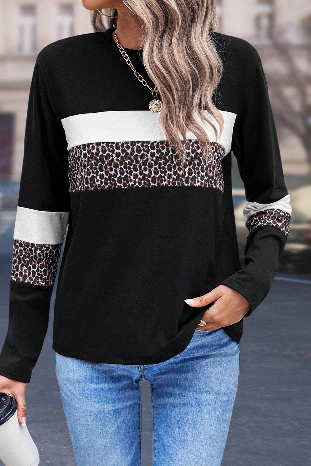 White Leopard Colorblock Patchwork Crew Neck Long Sleeve Tee Long Sleeve Tops JT's Designer Fashion