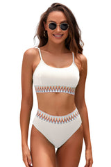 White Textured Contrast Banding Bikini High Waist 2pcs Swimsuit High Waisted Swimsuit JT's Designer Fashion