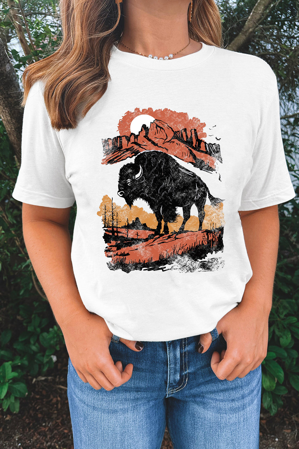 White Western Buffalo On Plains Graphic Crew Neck Tee Graphic Tees JT's Designer Fashion