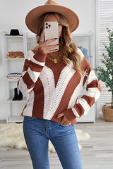 Brown Striped Colorblock V Neck Knitted Sweater Sweaters & Cardigans JT's Designer Fashion