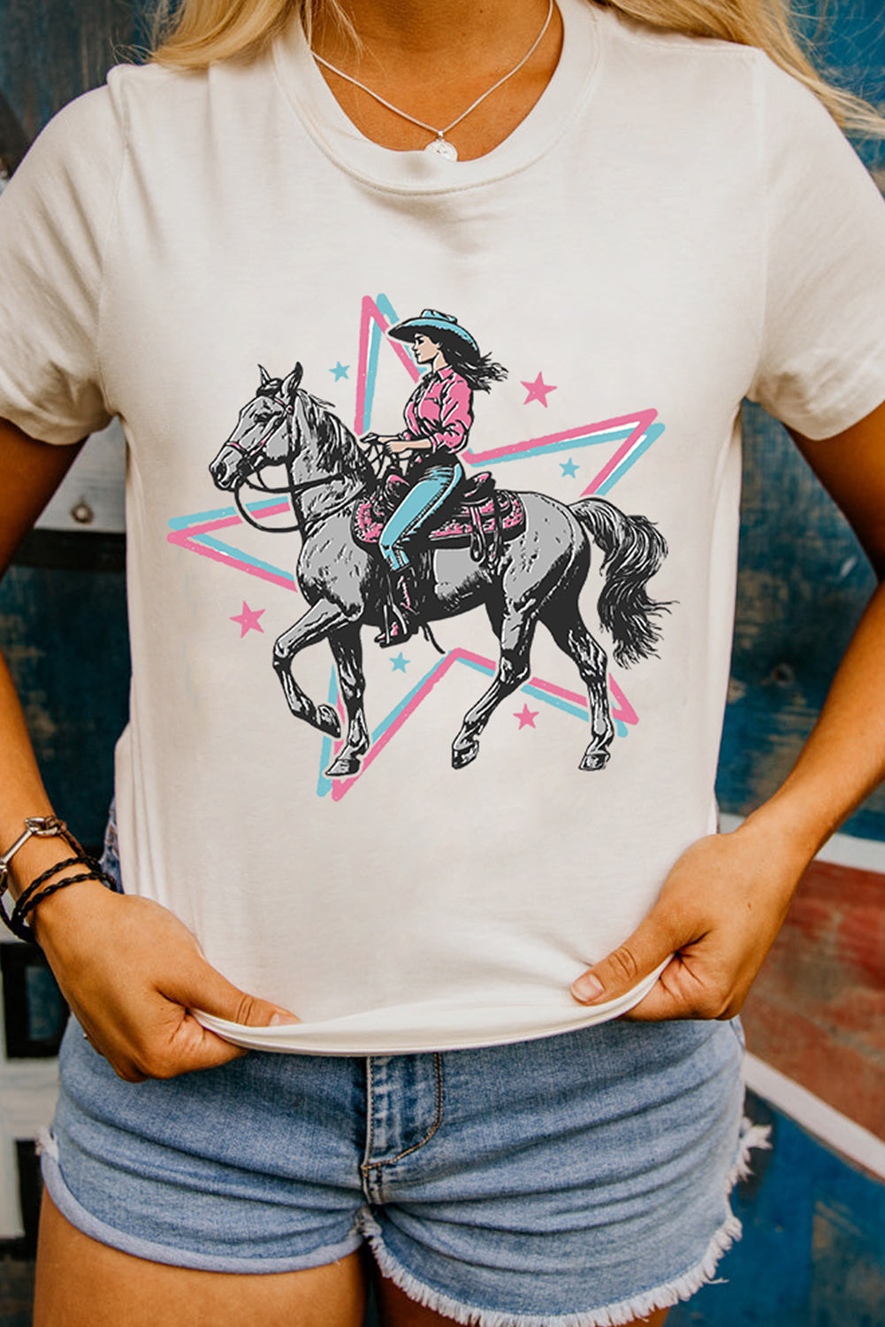 White Star Cowgirl Graphic Round Neck T Shirt Graphic Tees JT's Designer Fashion