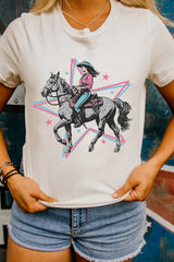 White Star Cowgirl Graphic Round Neck T Shirt Graphic Tees JT's Designer Fashion
