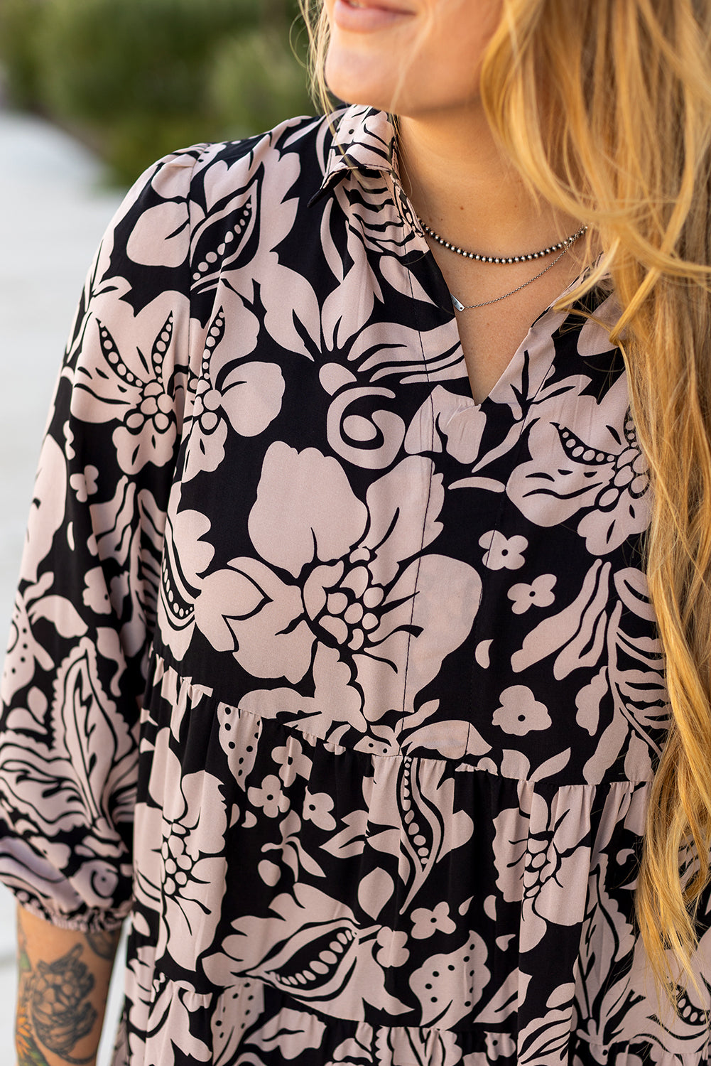 Black Plus Size Floral Printed Puff Sleeve Collared Maxi Dress Plus Size Maxi Dresses JT's Designer Fashion