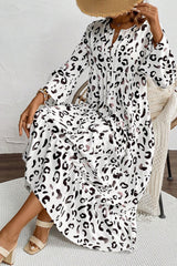 White Leopard Print Notch V Neck Loose Fit Long Dress Maxi Dresses JT's Designer Fashion