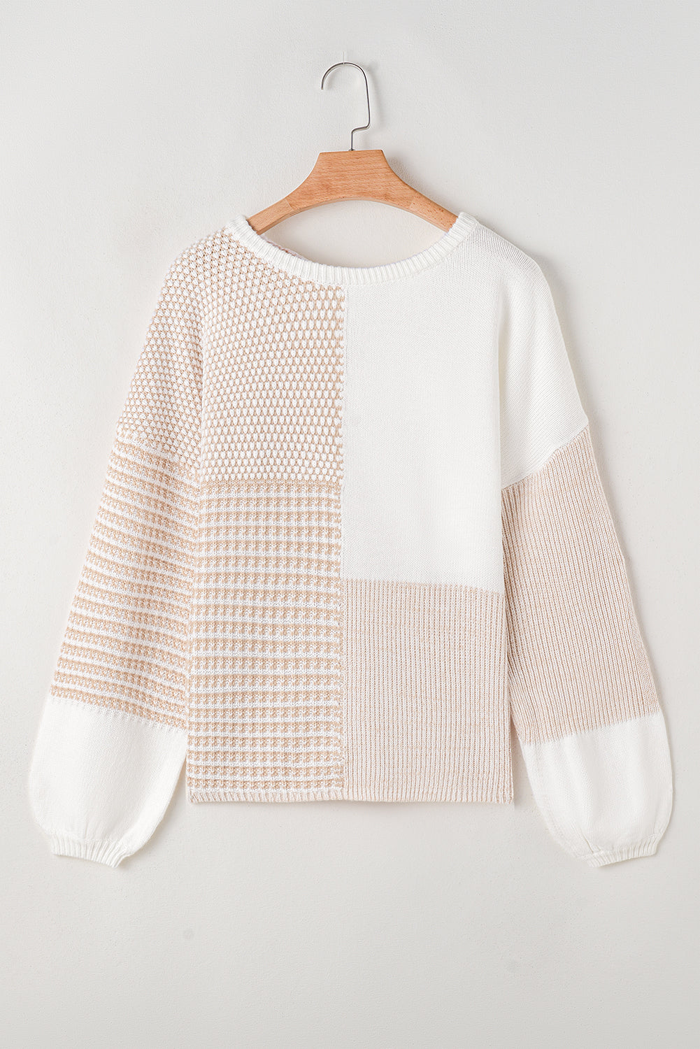 Oatmeal Mixed Pattern Knit Tie Keyhole Drop Shoulder Sweater Sweaters JT's Designer Fashion