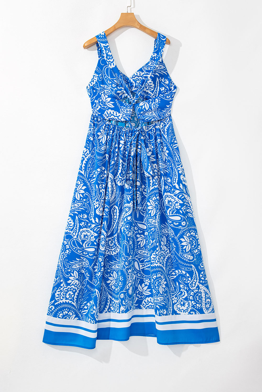 Blue Paisley V Neck Crisscross Backless Long Dress Maxi Dresses JT's Designer Fashion