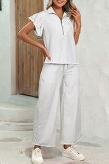 Gray Stripe Zipped up Collar Ruffled Sleeve Tee and Wide Leg Pants 2pcs Outfit Pant Sets JT's Designer Fashion