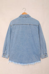 Sky Blue Pocket Raw Hem Buttoned Denim Jacket Denim Jackets JT's Designer Fashion