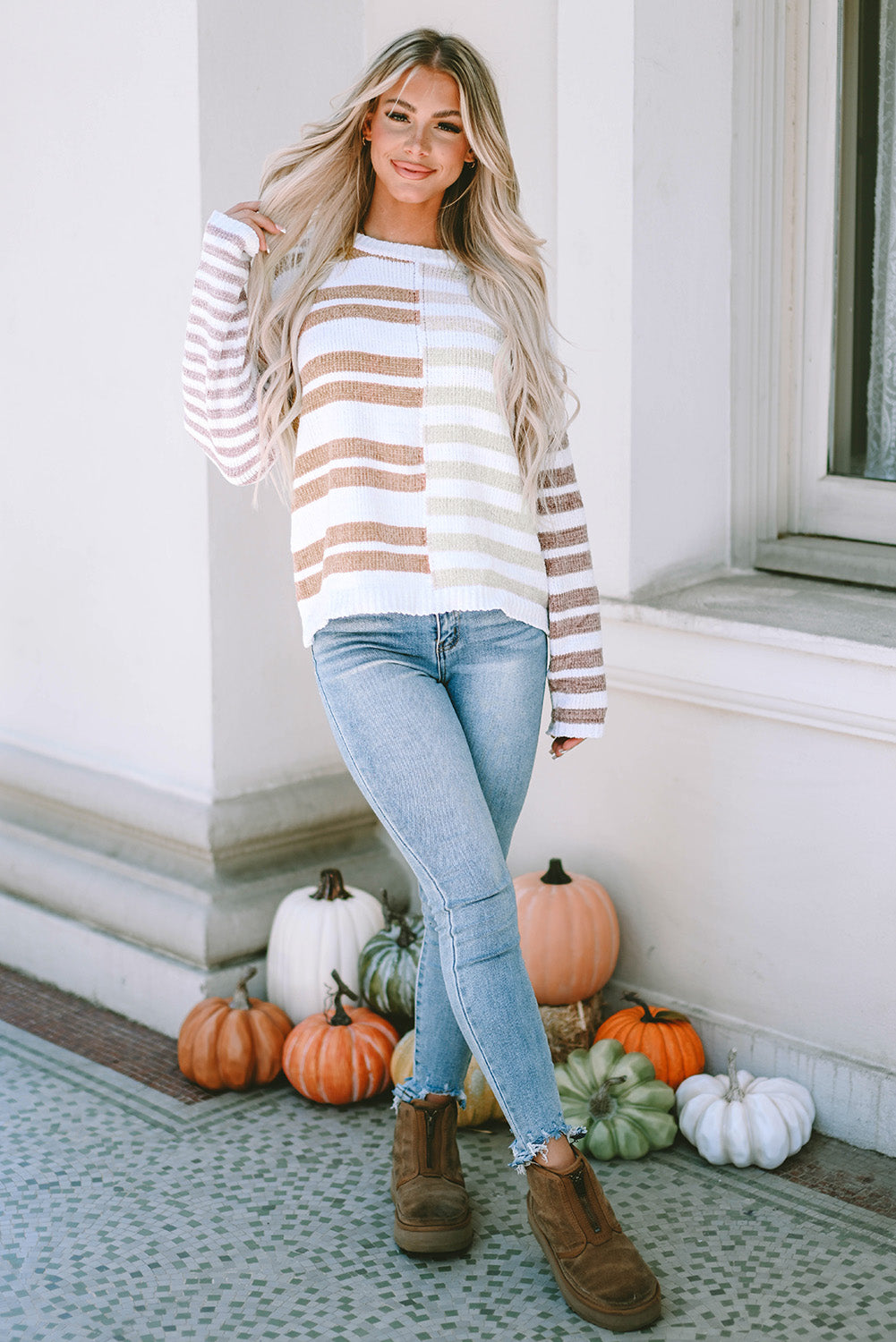 Stripe Blocked Drop Shoulder Slouchy Sweater Sweaters JT's Designer Fashion