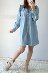 Myosotis Ruffled V Neck Buttoned Shift Denim Dress Mini Dresses JT's Designer Fashion