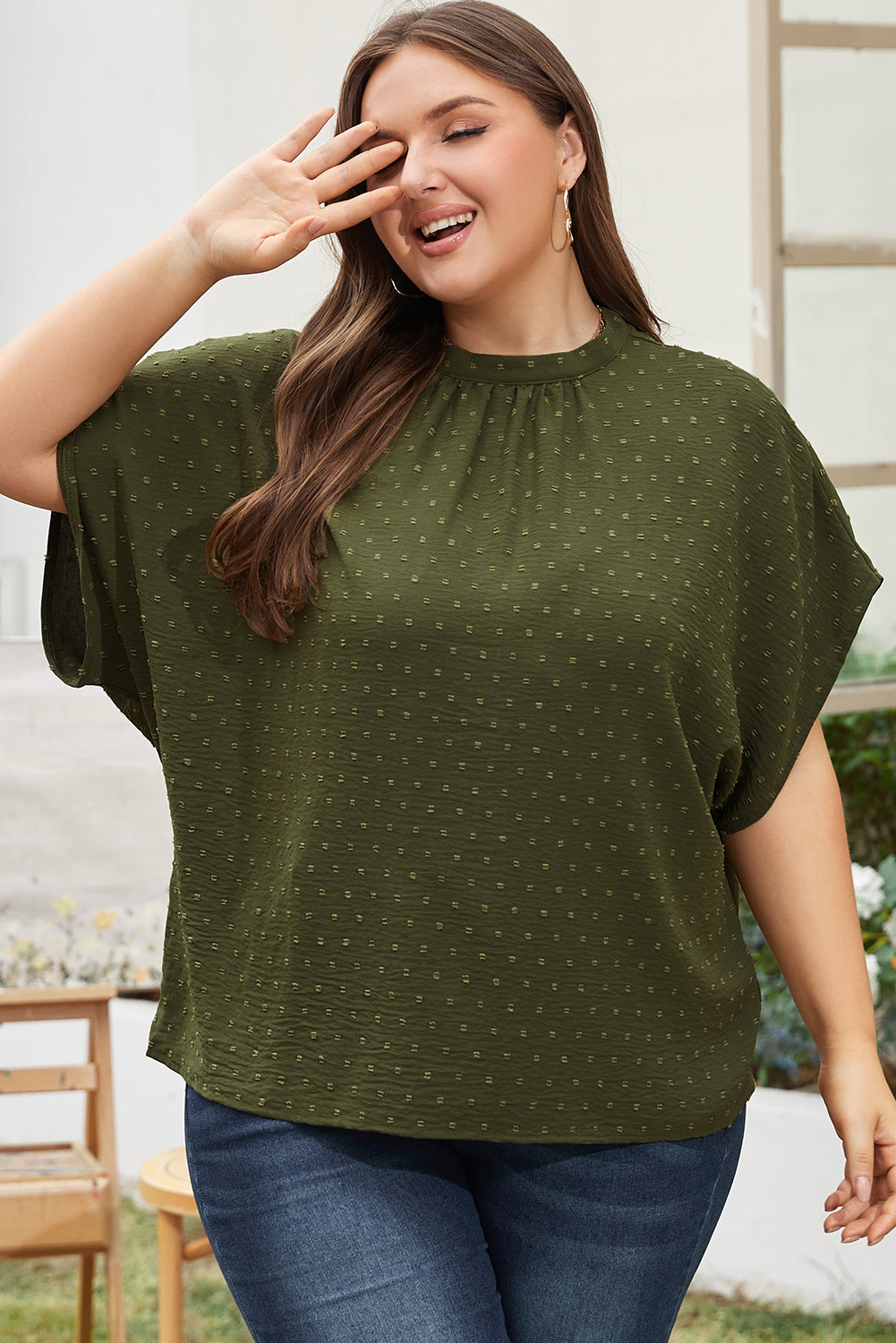 Moss Green Mock Neck Tied Nape Swiss Dot Plus Size Top Moss Green Woven Plus Size JT's Designer Fashion