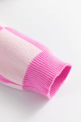 Pink Checkerboard Half Button Collared Drop Shoulder Sweater Sweaters JT's Designer Fashion