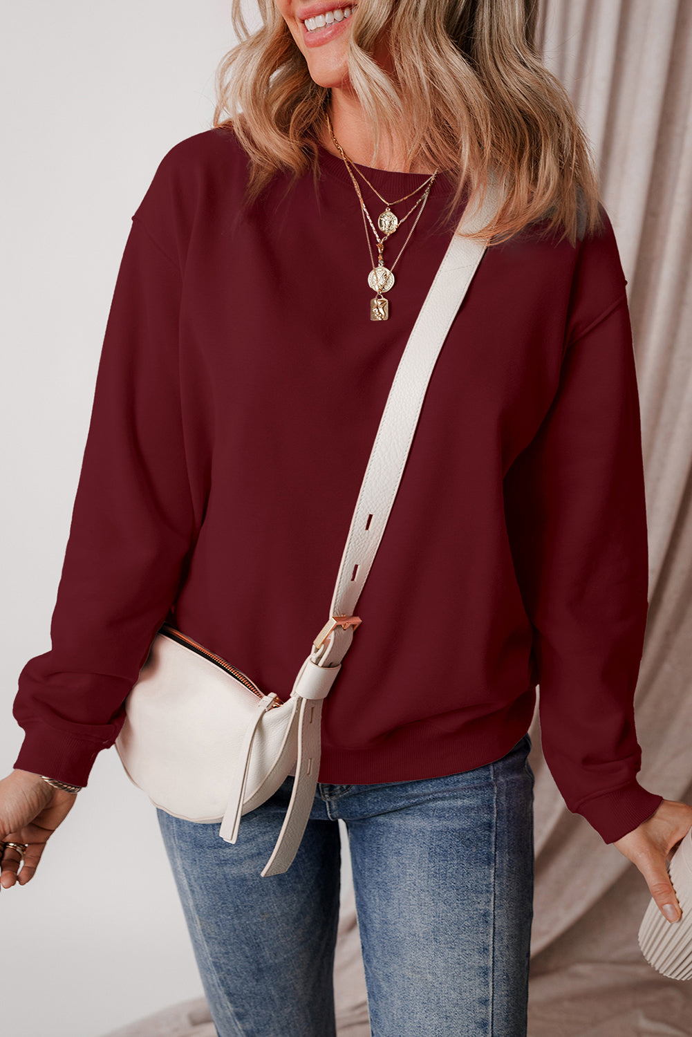 Burgundy Solid Fleece Lined Drop Shoulder Terry Sweatshirt Sweatshirts & Hoodies JT's Designer Fashion