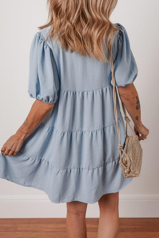 Beau Blue Shirt Collar Button Up Short Puff Sleeve Tiered Shift Dress Mini Dresses JT's Designer Fashion