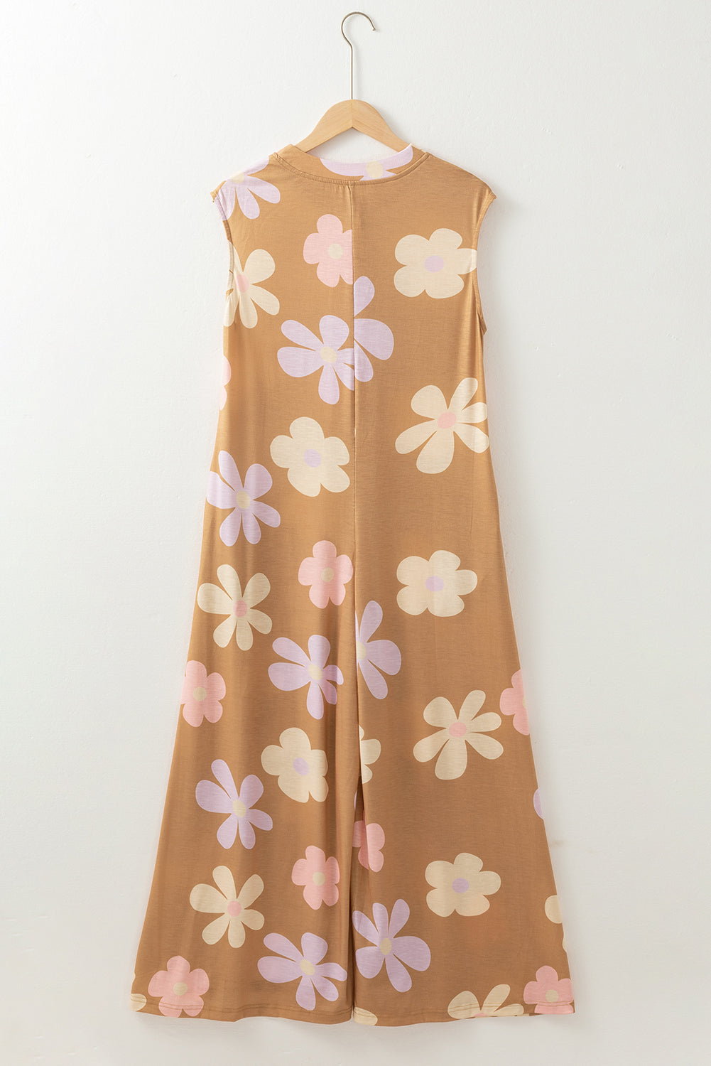 Khaki Floral Print Sleeveless Button up Wide Leg Loose Jumpsuit Jumpsuits & Rompers JT's Designer Fashion