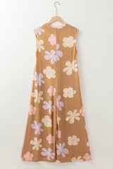 Khaki Floral Print Sleeveless Button up Wide Leg Loose Jumpsuit Jumpsuits & Rompers JT's Designer Fashion