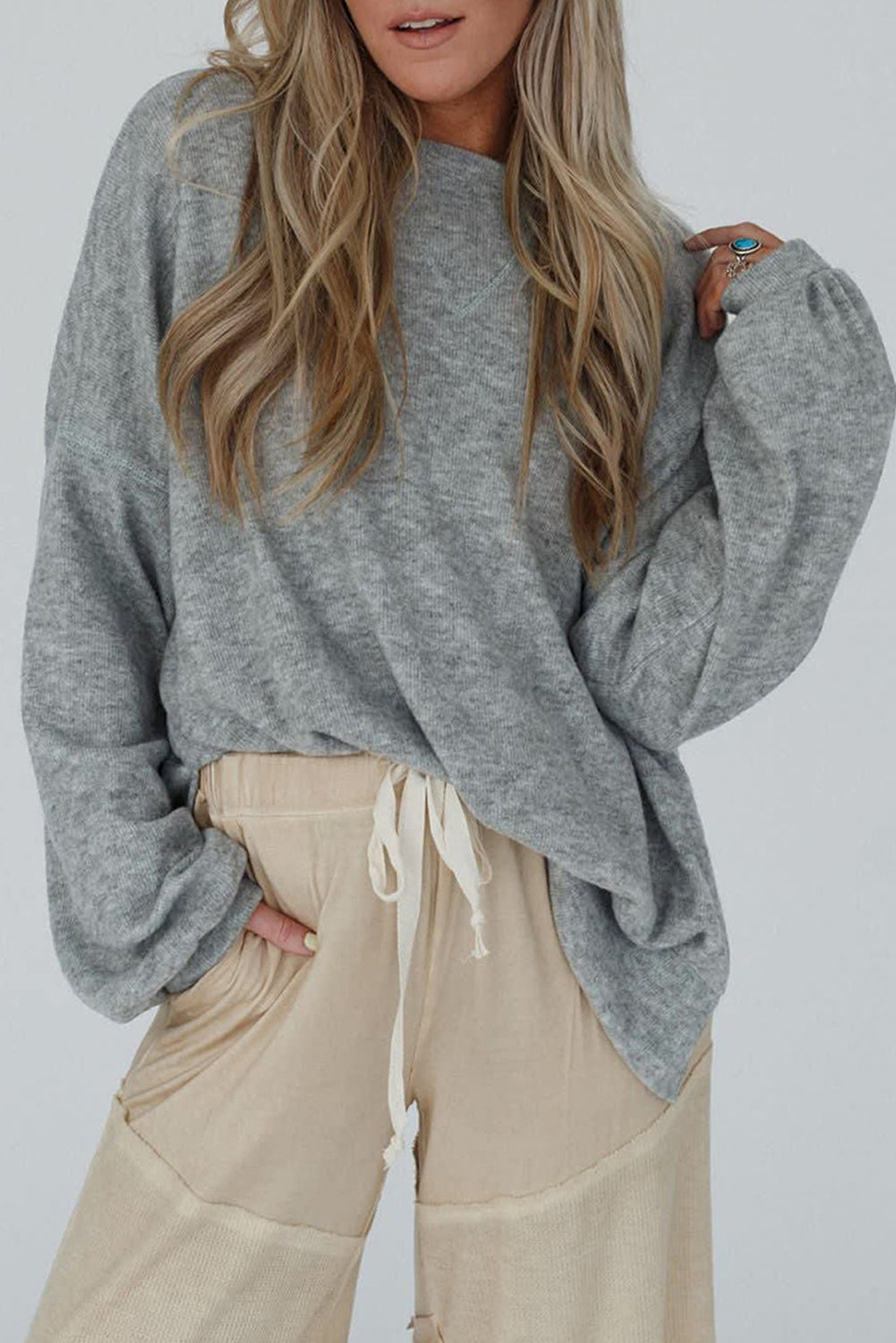 Medium Grey Side Split Drop Shoulder Oversized Top Long Sleeve Tops JT's Designer Fashion