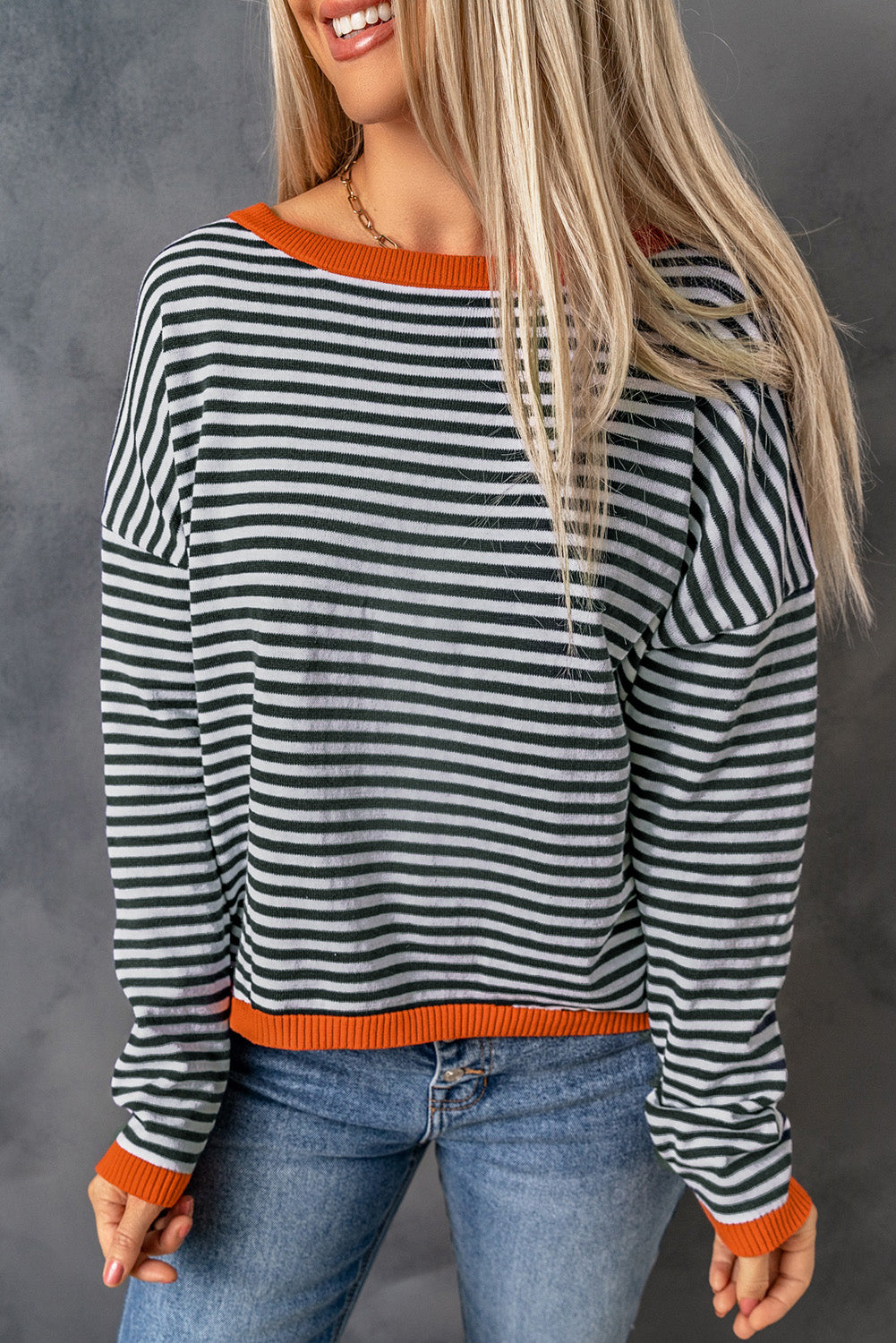 Contrast Trimmed Striped Drop Shoulder Sweater Sweaters & Cardigans JT's Designer Fashion