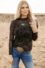 Black Western Rodeo Printed Mock Neck Long Sleeve Mesh Top Long Sleeve Tops JT's Designer Fashion