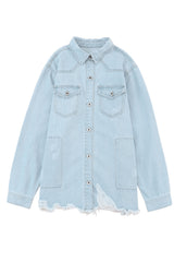 Sky Blue Flap Pocket Buttoned Raw Hem Denim Jacket Denim Jackets JT's Designer Fashion