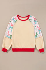 Beige Bowknot Printed Patchwork Raglan Sleeve Colorblock Edge Top Long Sleeve Tops JT's Designer Fashion