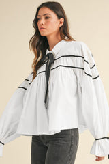 White Black Pipping Ribbon Bowtie Collared Ruffled Puff Sleeve Shirt Blouses & Shirts JT's Designer Fashion