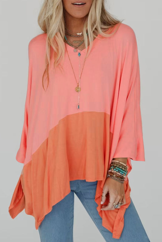 Grapefruit Orange Contrast Color Patchwork Oversized Side Split Top Long Sleeve Tops JT's Designer Fashion
