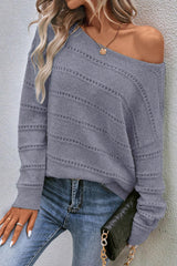 Light Grey Boat Neck Drop Shoulder Pointelle Knit Sweater Sweaters JT's Designer Fashion