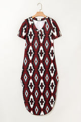Red Western Aztec Printed Long T-shirt Dress T Shirt Dresses JT's Designer Fashion