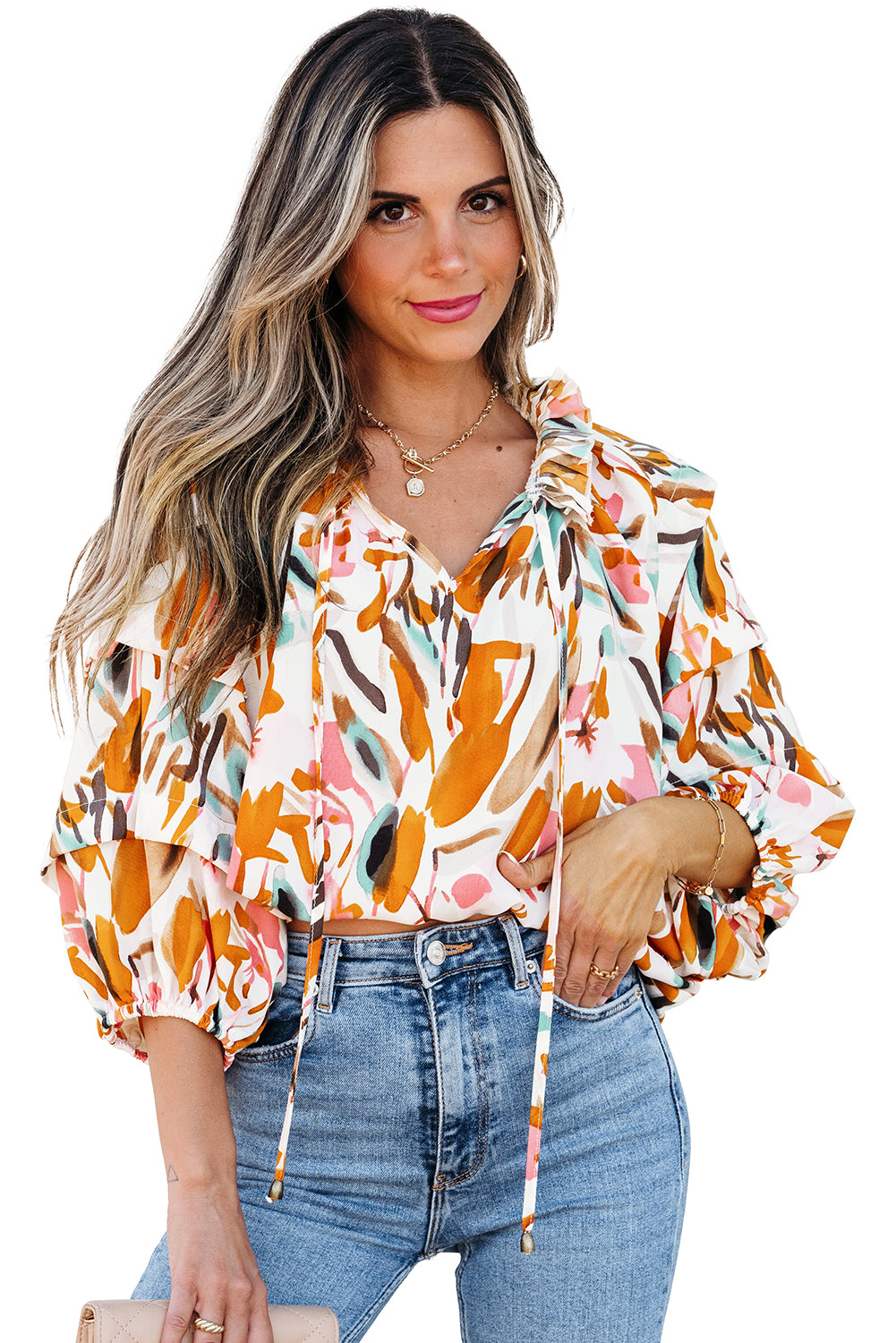 Yellow Abstract Print Drawstring Frilled V Neck 3/4 Sleeve Blouse Blouses & Shirts JT's Designer Fashion