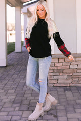 Black Crewneck Lantern Sleeve Plaid Sequin Splicing Blouse Long Sleeve Tops JT's Designer Fashion