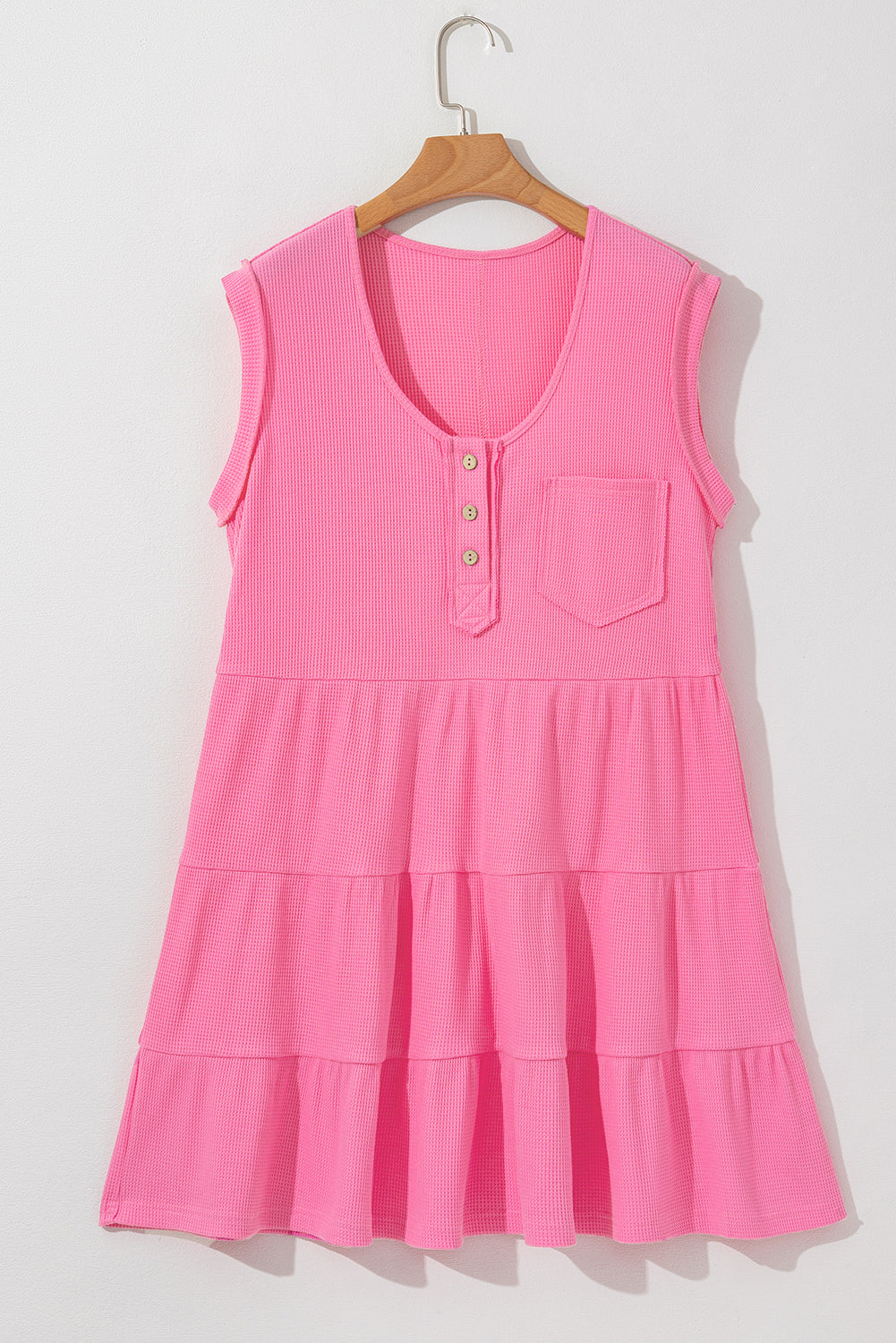 Bright Pink Waffle Textured Button Round Neck A-line Tiered Sleeveless Dress Mini Dresses JT's Designer Fashion