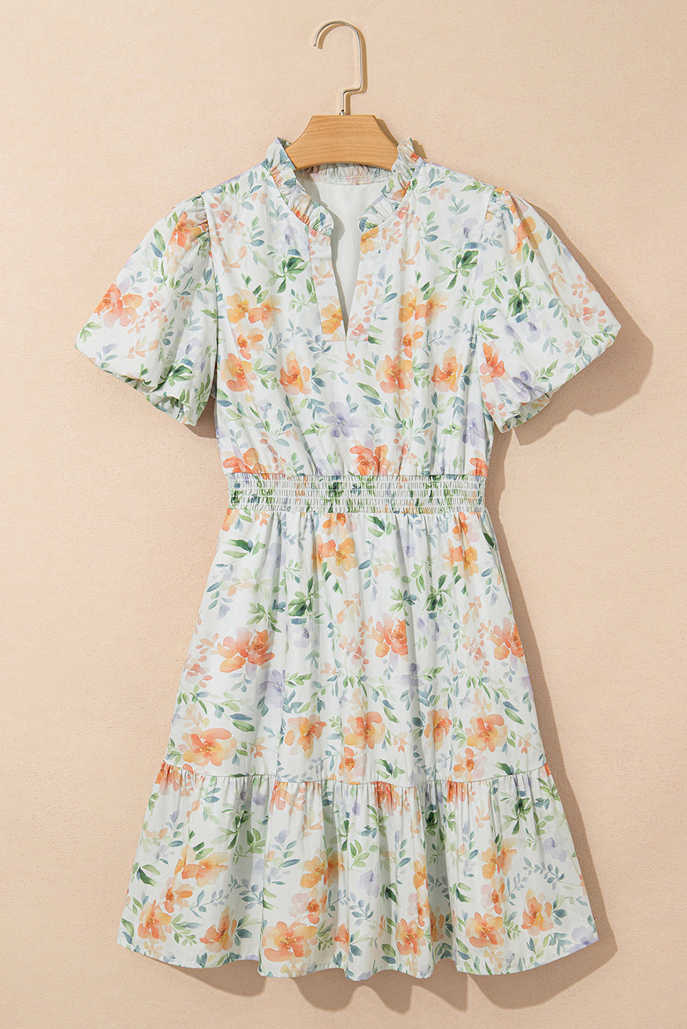 Beige Floral Print Shirred High Waist Puff Sleeve Mini Dress Floral Dresses JT's Designer Fashion