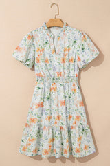 Beige Floral Print Shirred High Waist Puff Sleeve Mini Dress Floral Dresses JT's Designer Fashion