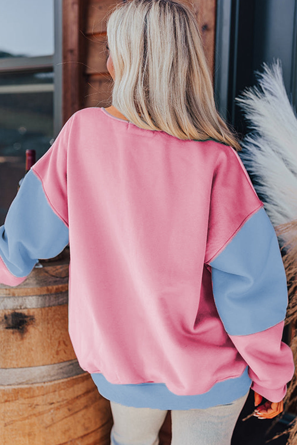 Sky Blue Colorblock Patchwork Drop Shoulder Sweatshirt Sweatshirts & Hoodies JT's Designer Fashion