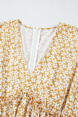 Yellow Floral Short Sleeve V Neck Frilly Tiered Mini Dress Floral Dresses JT's Designer Fashion