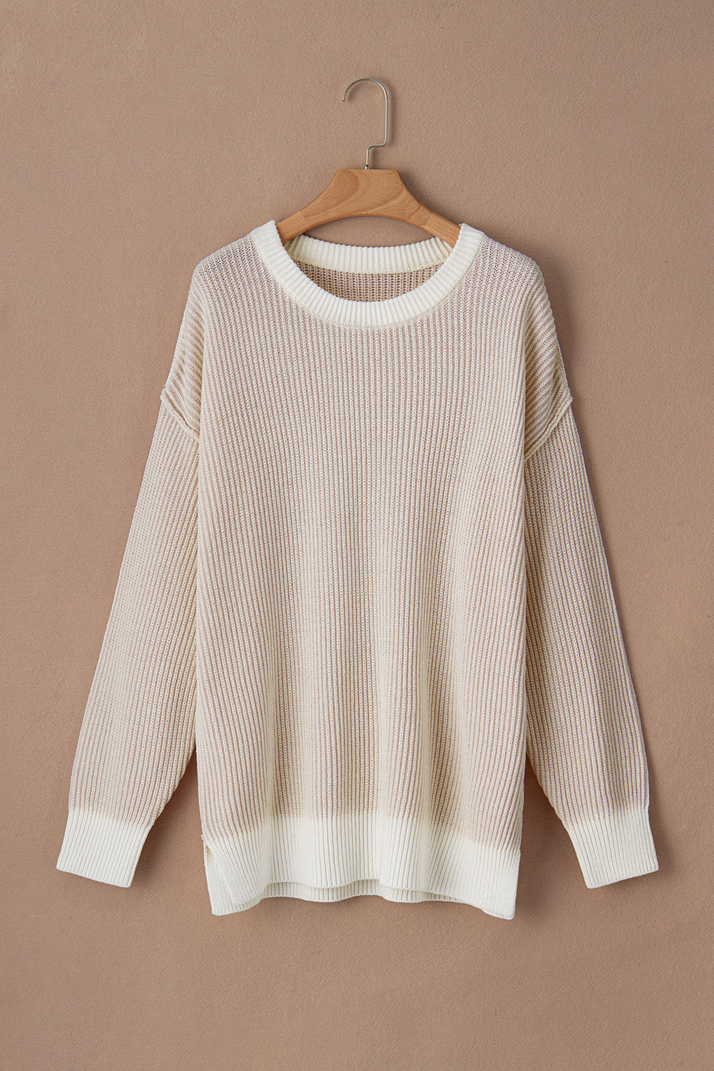 Brown Stripe Plus Size Contrast Trim Crew Neck Rib Knit Drop Shoulder Sweater Plus Size Sweaters & Cardigans JT's Designer Fashion