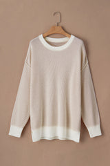 Brown Stripe Plus Size Contrast Trim Crew Neck Rib Knit Drop Shoulder Sweater Plus Size Sweaters & Cardigans JT's Designer Fashion