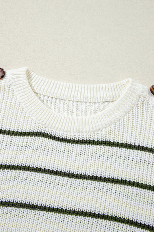 Green Color Block Striped Buttoned Shoulder Split Sweater Sweaters JT's Designer Fashion