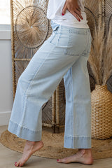 Sky Blue Stripe Button Flap Pocket Cuffed Hem Wide Leg Jeans Jeans JT's Designer Fashion
