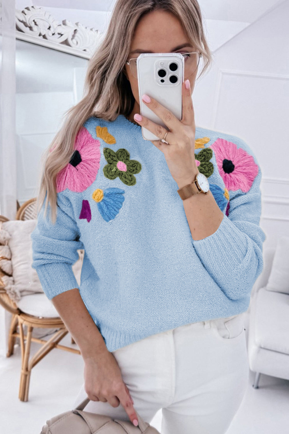 Light Blue Knitted Flower Pattern Ribbed Edge Sweater Sweaters JT's Designer Fashion