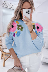 Light Blue Knitted Flower Pattern Ribbed Edge Sweater Sweaters JT's Designer Fashion