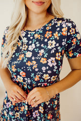 Blue Short Sleeve A-line Floral Dress Floral Dresses JT's Designer Fashion
