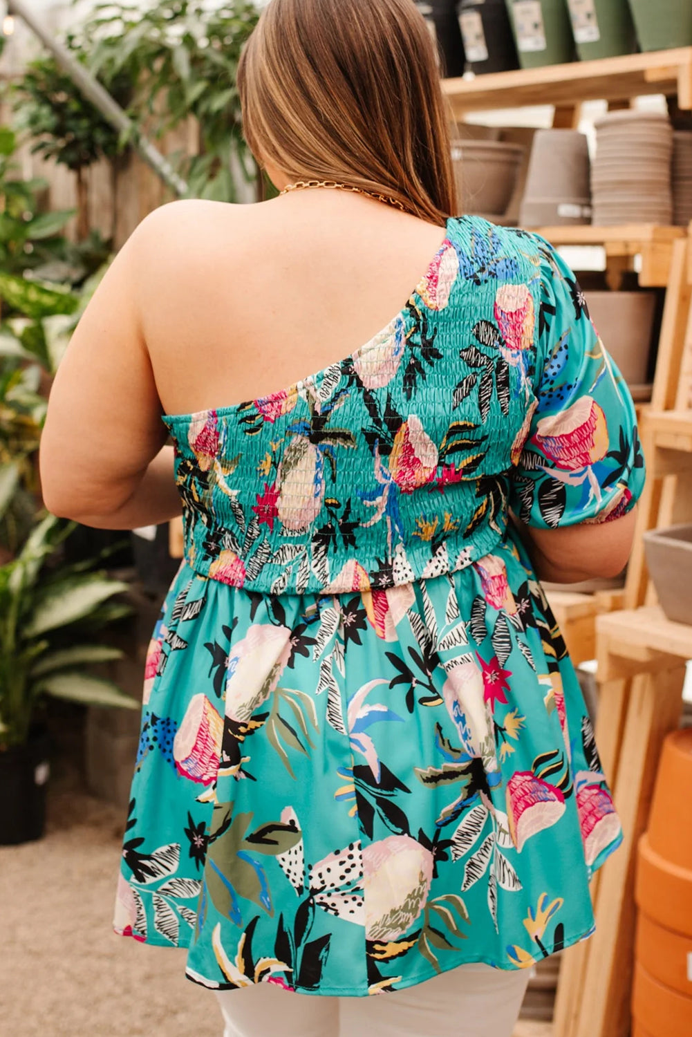 Green Plus Size Floral Smocked Bodice Single Puff Short Sleeve Babydoll Blouse Plus Size Blouses & Shirts JT's Designer Fashion