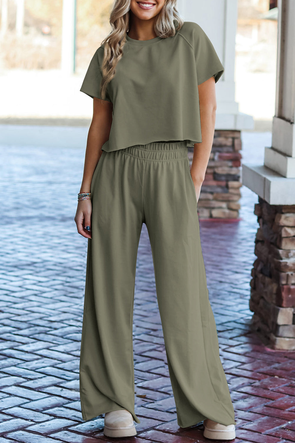 Seagrass Raw Hem Loose Tee and Wide Leg Pants Set Pant Sets JT's Designer Fashion